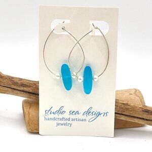 Silver Turquoise Sea Glass Earrings-Recycled Glass Earrings-New!
